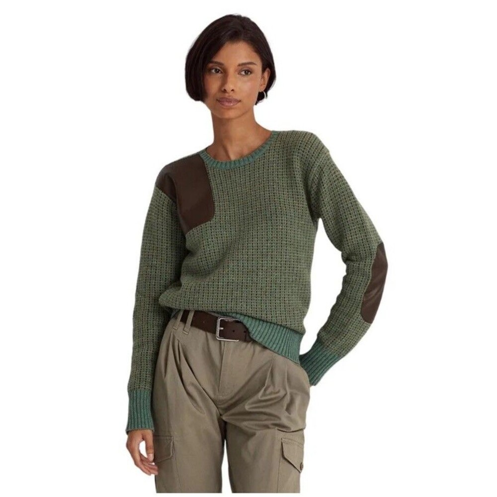 Ralph Lauren Women’s Faux-Leather-Trim Wool-Blend Sweater Green Size 2X NWT